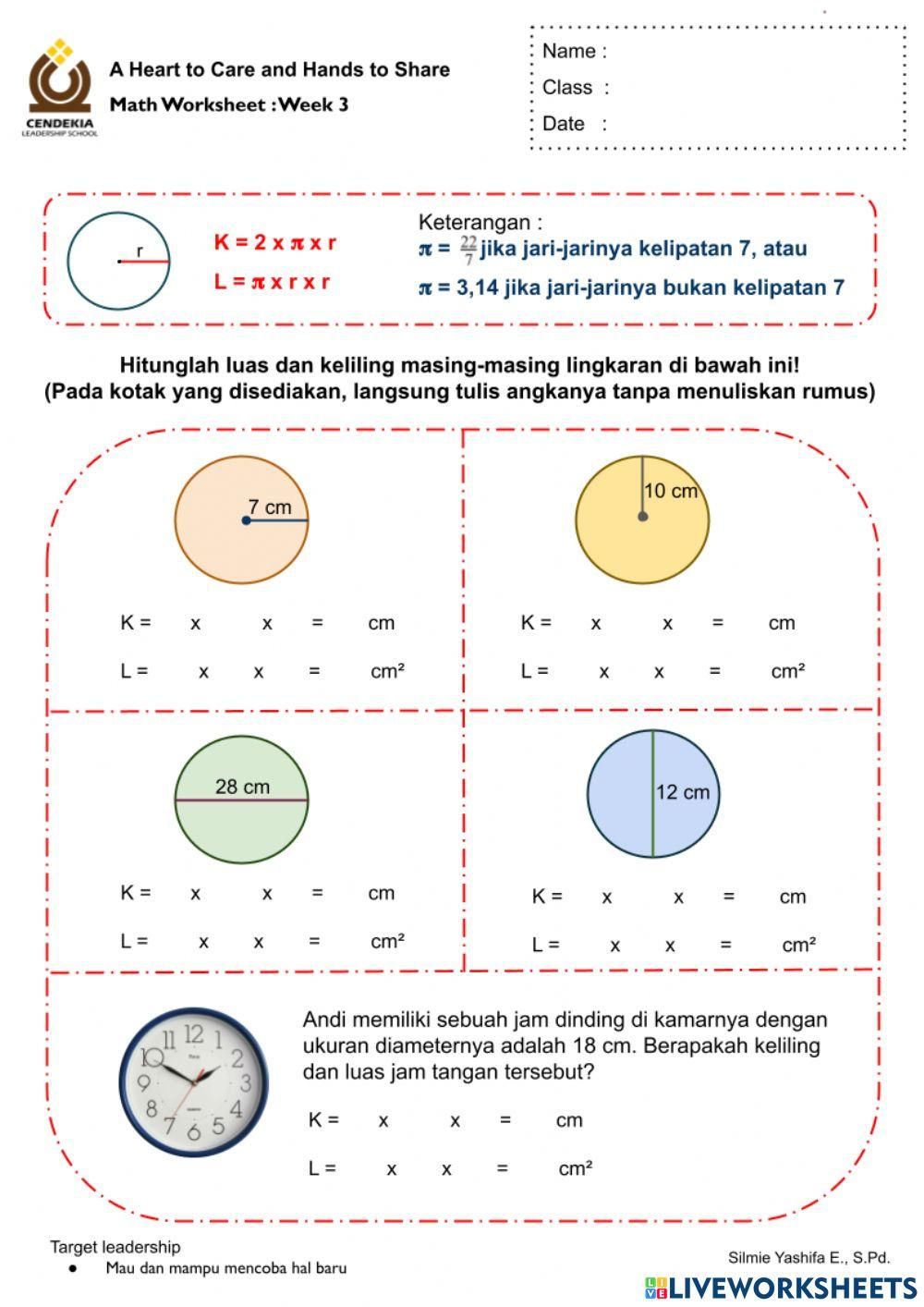 Luas dan Keliling Lingkaran Circle measurement worksheet