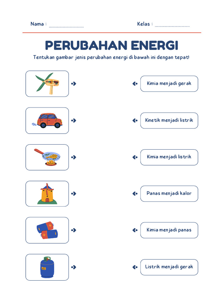 Perubahan Energi Lembar Kerja Memasangkan IPAS Fisika SD Kelas 4 Biru Perubahan Energi Lembar Kerja Memasangkan IPAS Fisika SD Kelas 4 Biru