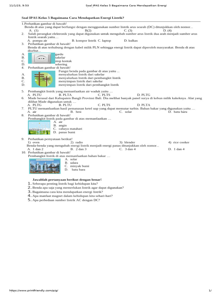 Soal IPAS Kelas 5 Bagaimana Cara Mendapatkan Energi Listrik PDF Soal IPAS Kelas 5 Bagaimana Cara Mendapatkan Energi Listrik PDF