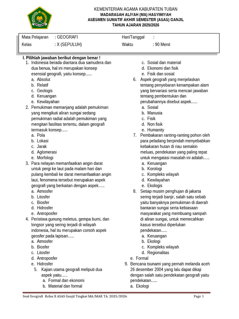 Soal Geografi Kelas X Semester Ganjil PDF