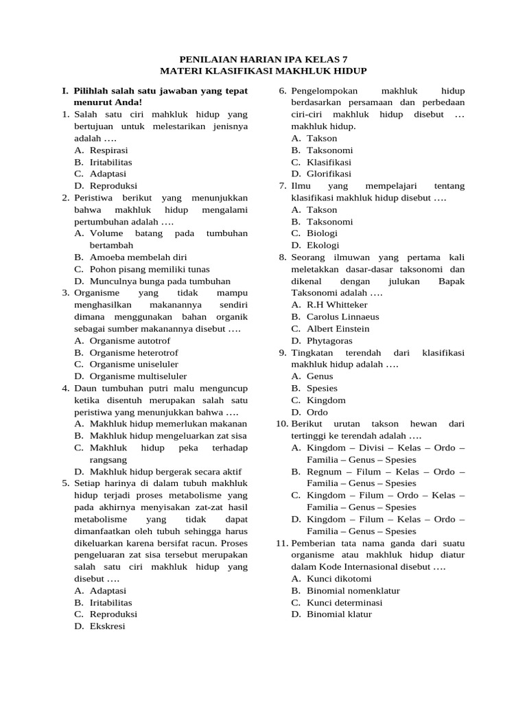 Soal Klasifikasi Makhluk Hidup Kelas 7 PDF