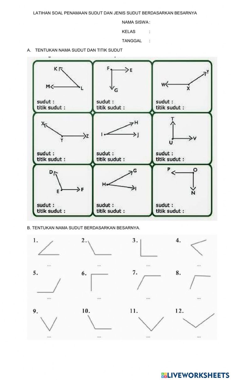 Latihan Soal Penamaan Sudut dan Jenis Sudut Worksheet for class 4 sst