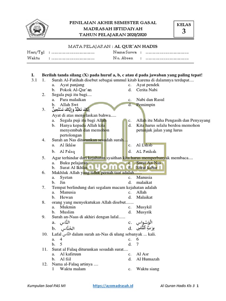10 Contoh Soal Qur’an Hadits Kelas 3 Semester 1 yang Wajib Dikuasai Siswa Sebelum Ujian