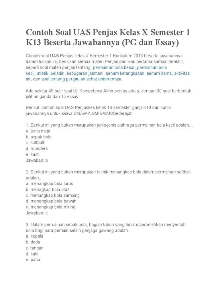 Soal UAS Penjas Kelas 10 Semester 1 PDF Olahraga Rekreasi Soal UAS Penjas Kelas 10 Semester 1 PDF Olahraga Rekreasi