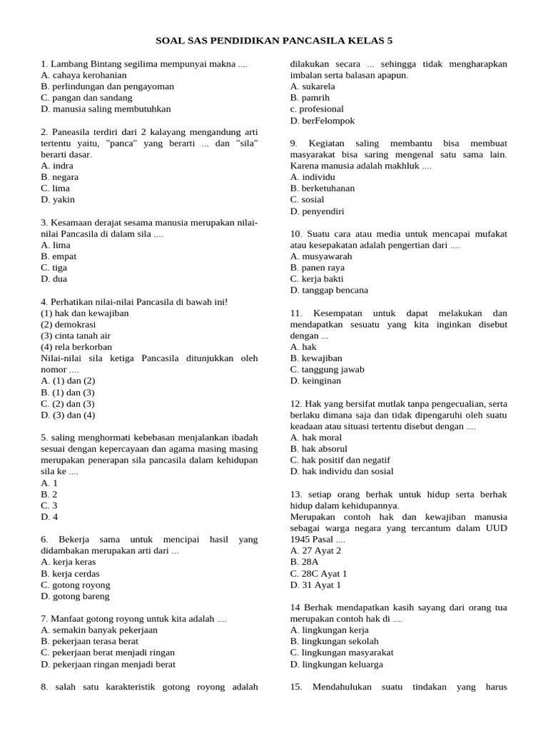 Soal Pancasila Kelas 5 SD Lengkap PDF Soal Pancasila Kelas 5 SD Lengkap PDF