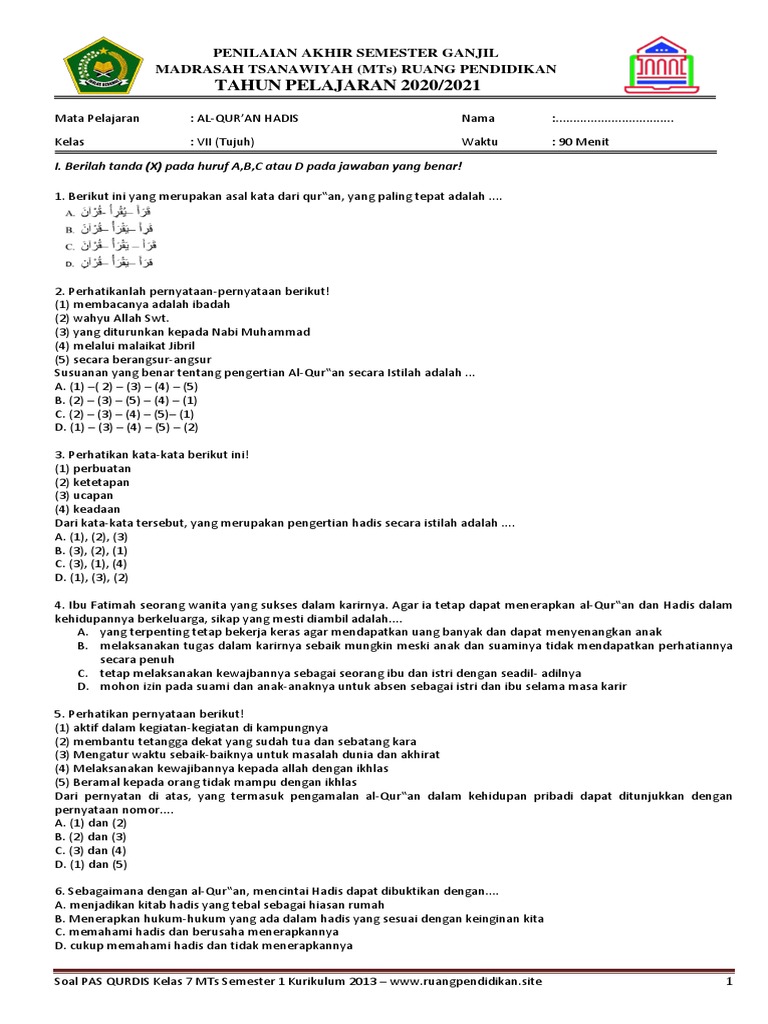 Soal PAS Qurdis Kelas 7 Semester 1 PDF Soal PAS Qurdis Kelas 7 Semester 1 PDF