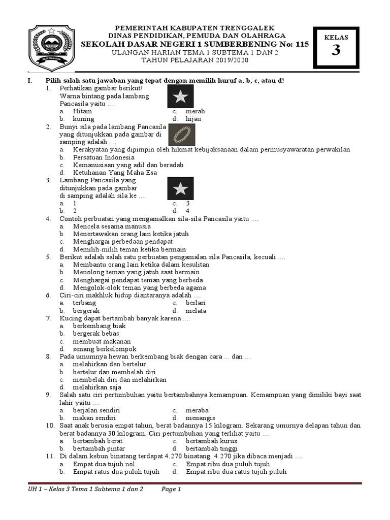 Soal Ulangan Harian Kelas 3 Tema 1 Sub 1 2 PDF Soal Ulangan Harian Kelas 3 Tema 1 Sub 1 2 PDF
