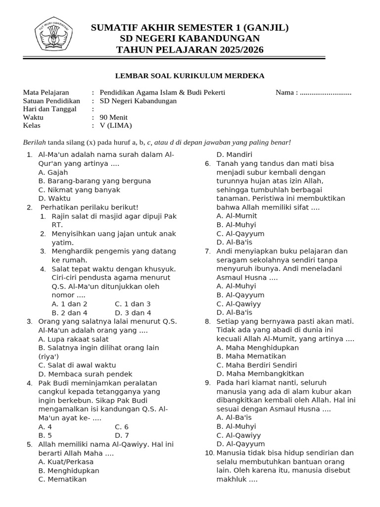 Soal Ujian Agama Kelas V SD 2025 2026 PDF Soal Ujian Agama Kelas V SD 2025 2026 PDF