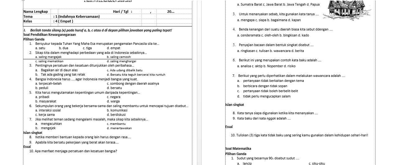 Soal UAS Kelas 4 Tema 1 Indahnya Kebersamaan- SD MI Smtr 1 Kurtilas Rev
