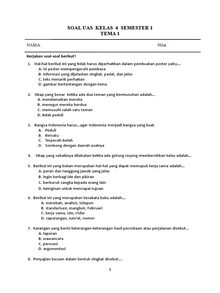 Soal Uas Kelas 4 SMTR 1 Tema 2 PDF