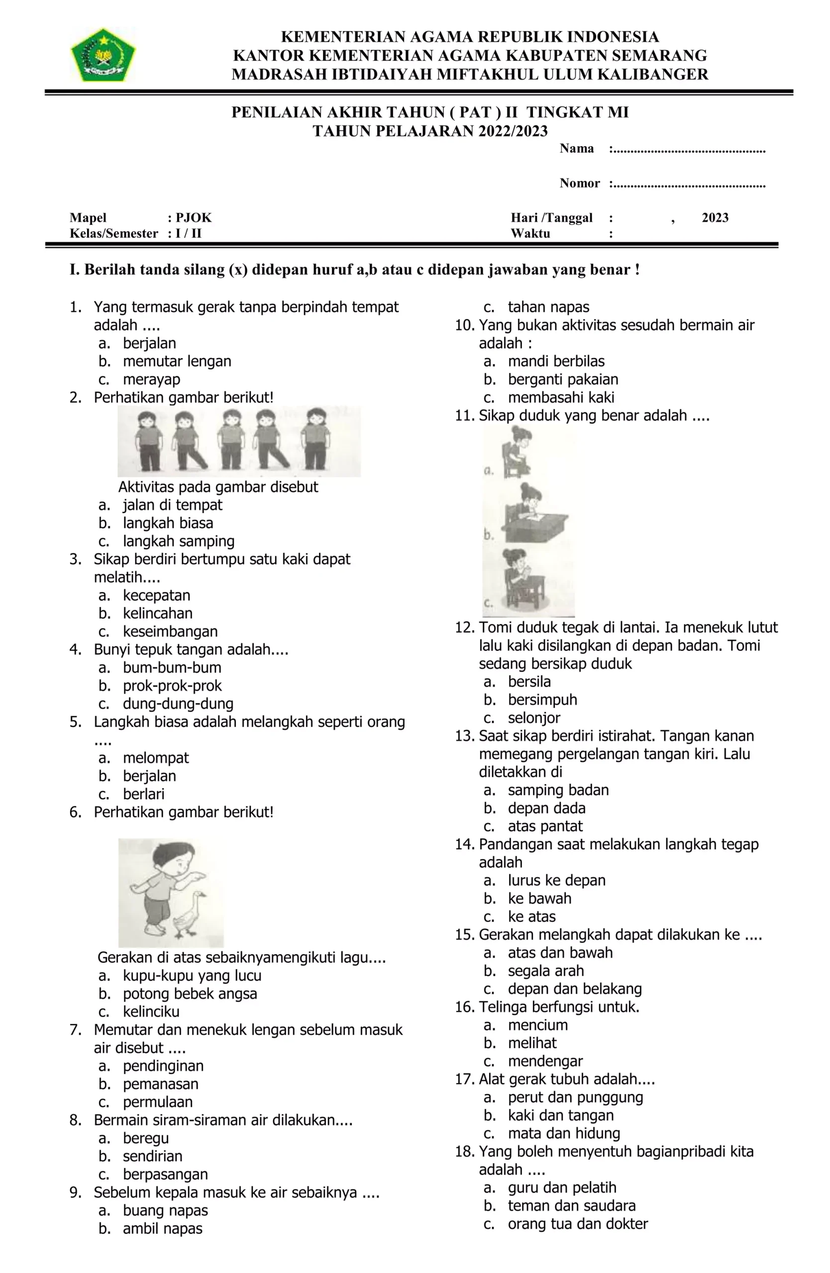 SOAL PAT PJOK KELAS 1 docx SOAL PAT PJOK KELAS 1 docx